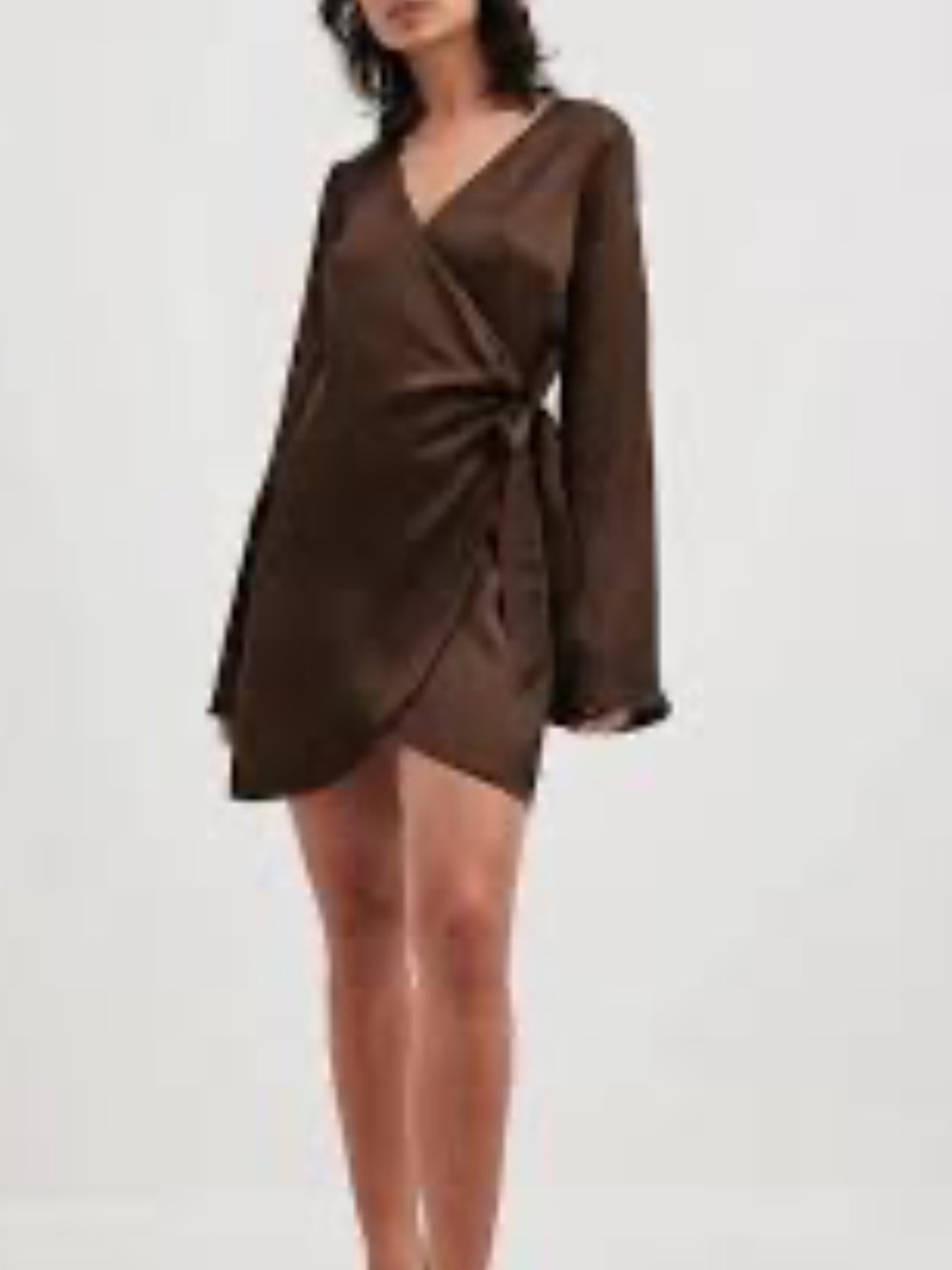 Na-KD Brown Wrap Satin Dress Long Sleeve Size 42 European Chic Sexy Date Night